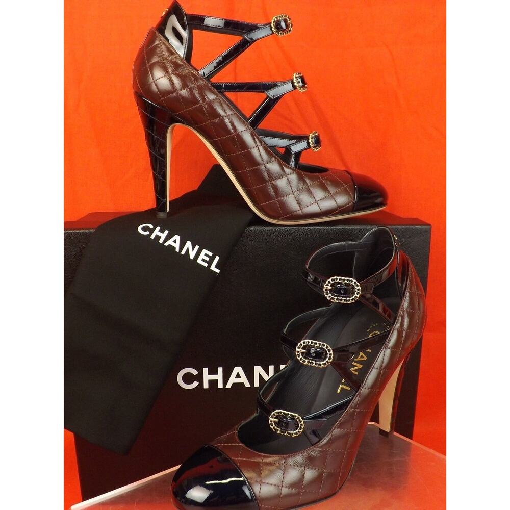 CHANEL G32403 BURGUNDY NAVY QUILTED LEATHER CC LOGO BUCKLES CAGE PUMPS 37 $1050